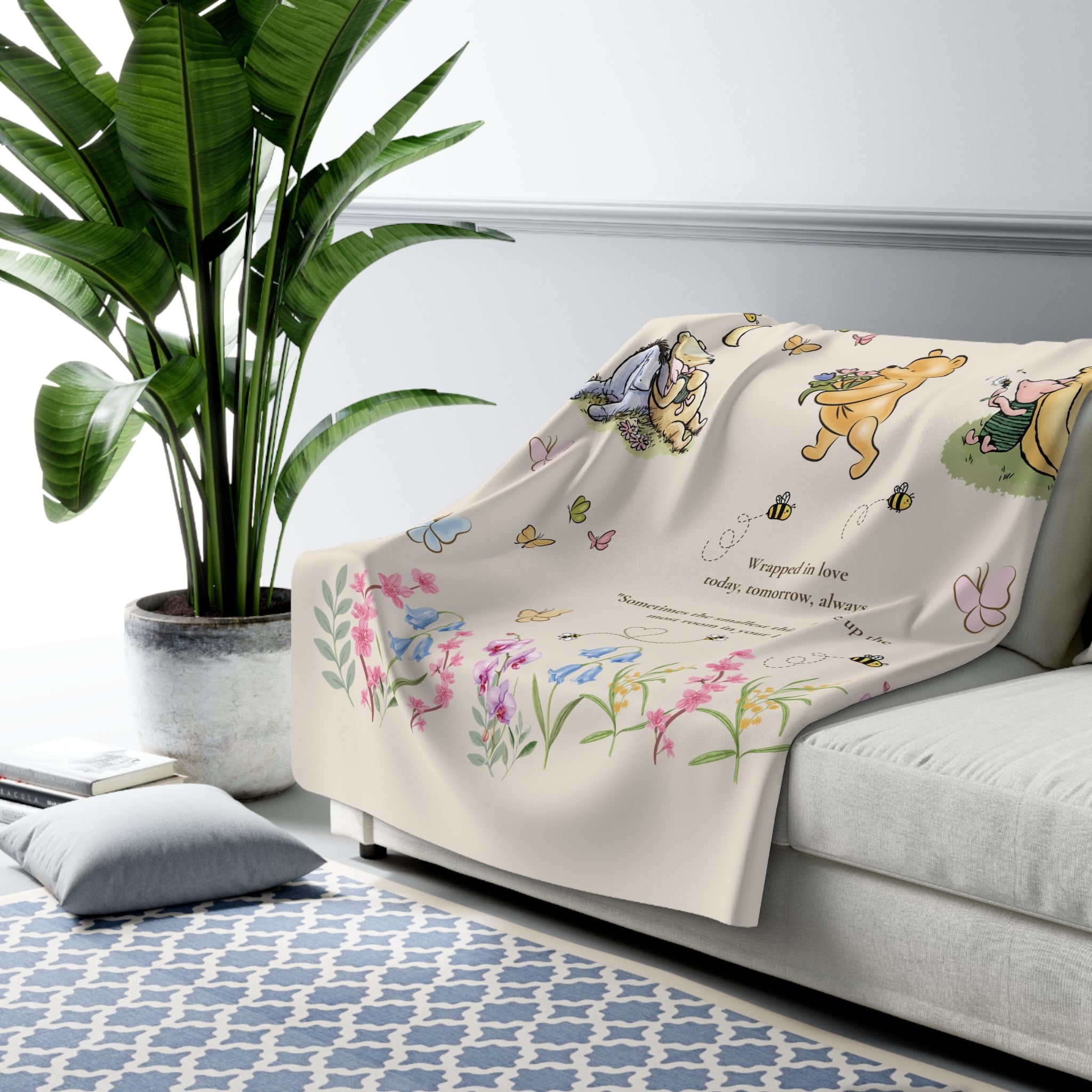 Sherpa Fleece Blanket — Winnie-the-Pooh Floral & Bee Cozy Throw (“Sometimes the smallest things…”)