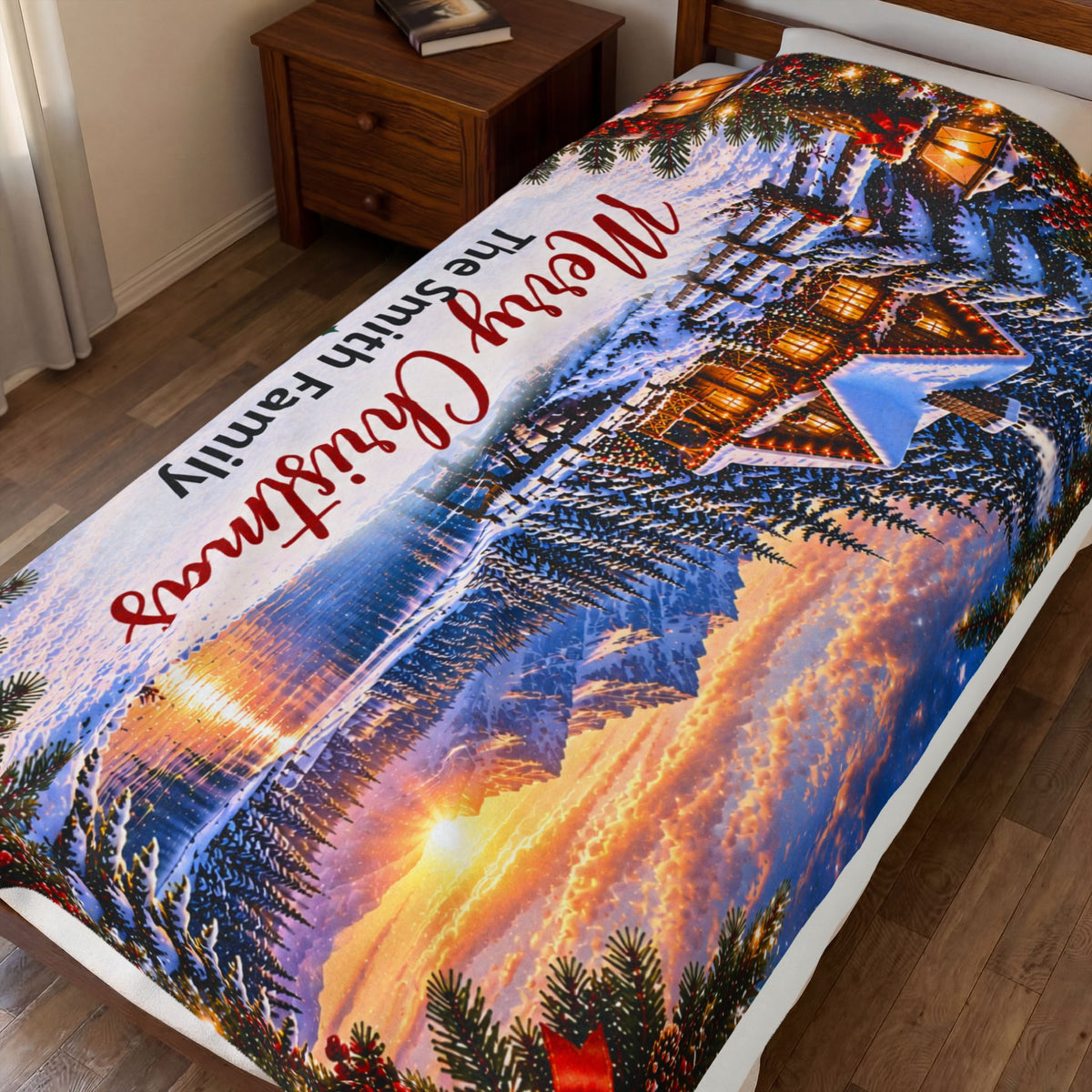 Merry Christmas Personalized Family Winter Cabin Velveteen Plush Blanket