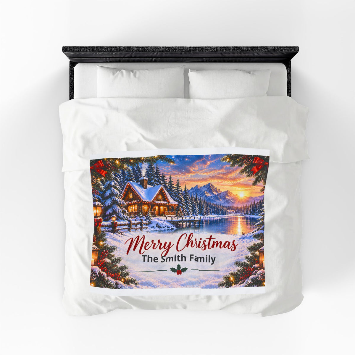 Merry Christmas Personalized Family Winter Cabin Velveteen Plush Blanket