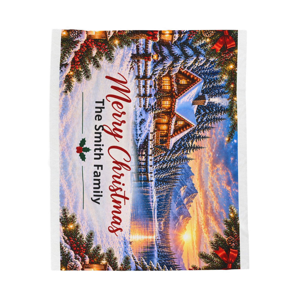 Merry Christmas Personalized Family Winter Cabin Velveteen Plush Blanket
