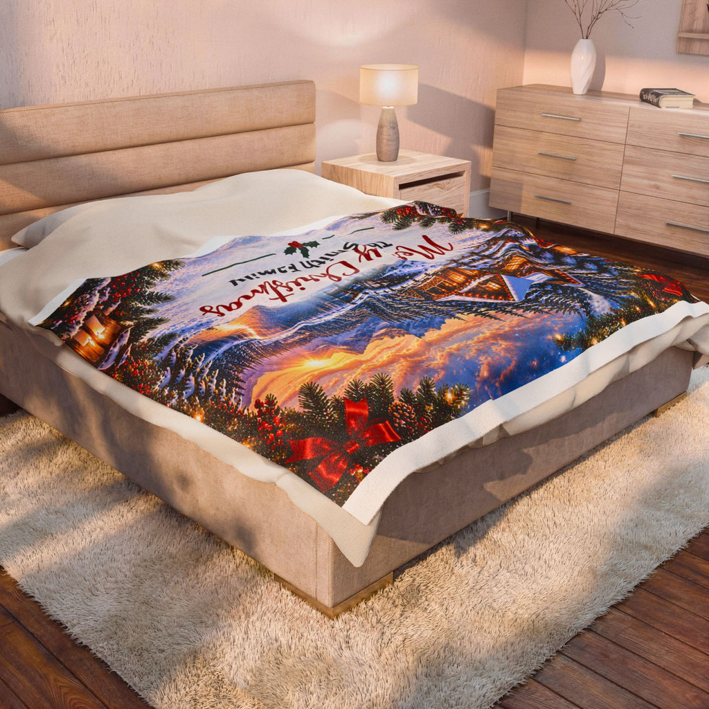 Merry Christmas Personalized Family Winter Cabin Velveteen Plush Blanket