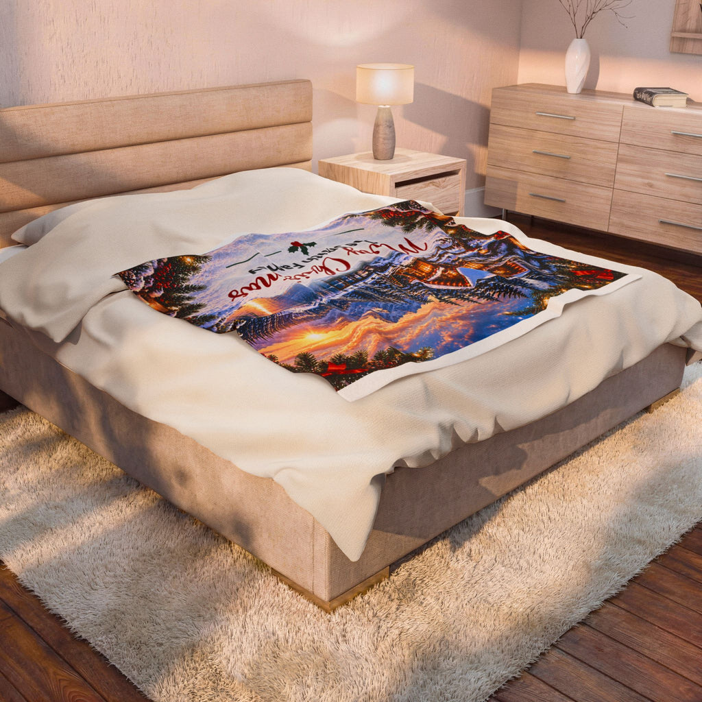 Merry Christmas Personalized Family Winter Cabin Velveteen Plush Blanket