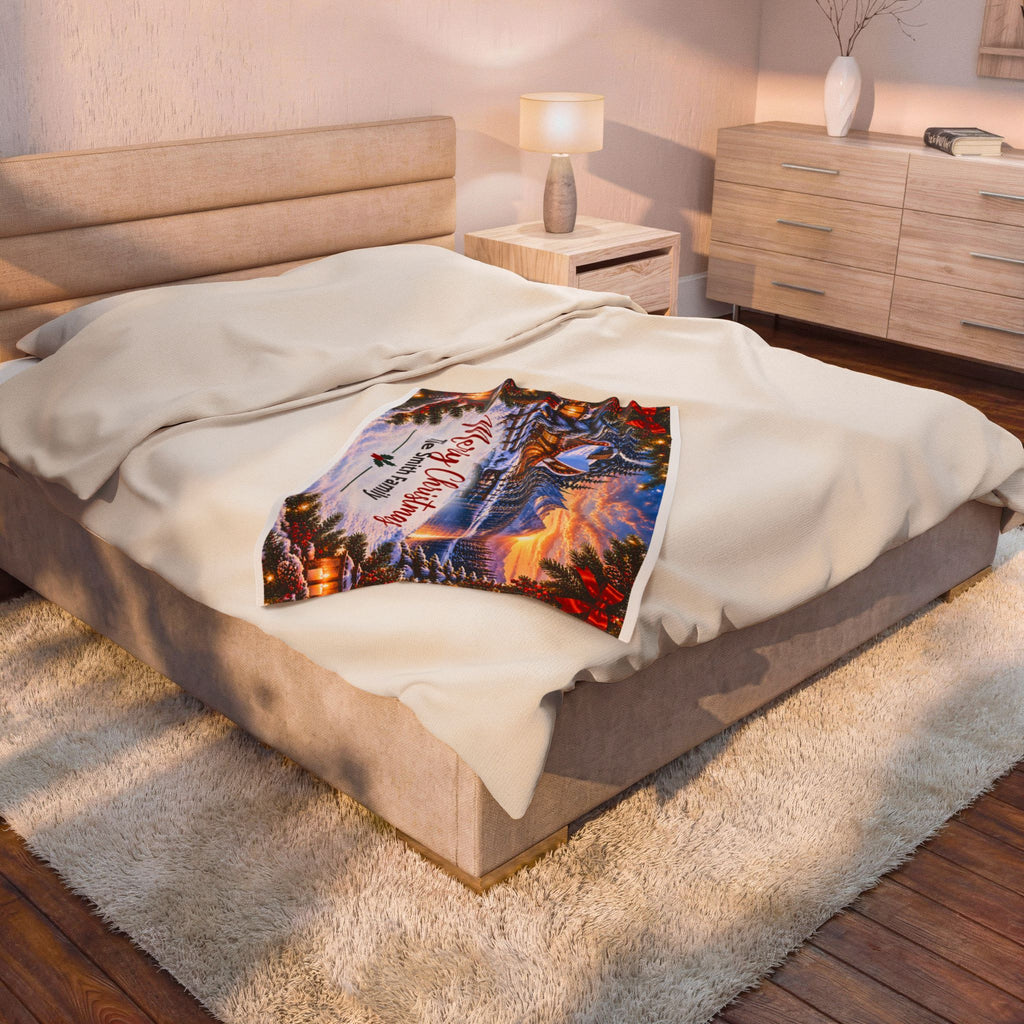 Merry Christmas Personalized Family Winter Cabin Velveteen Plush Blanket