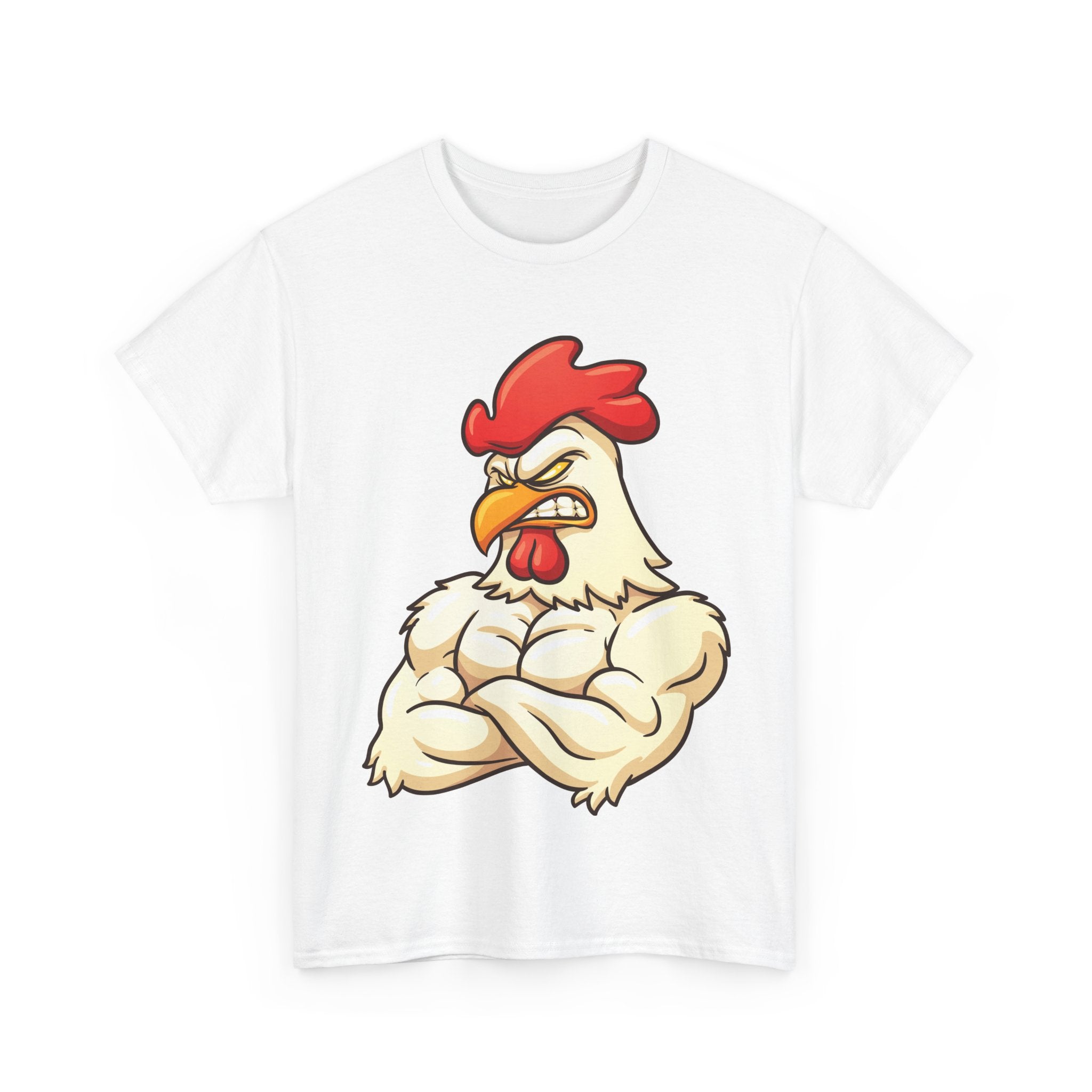 Graphic Tee — Muscular Rooster Front with Back Text "If you look at me from the front you'll see my bulging Cock"