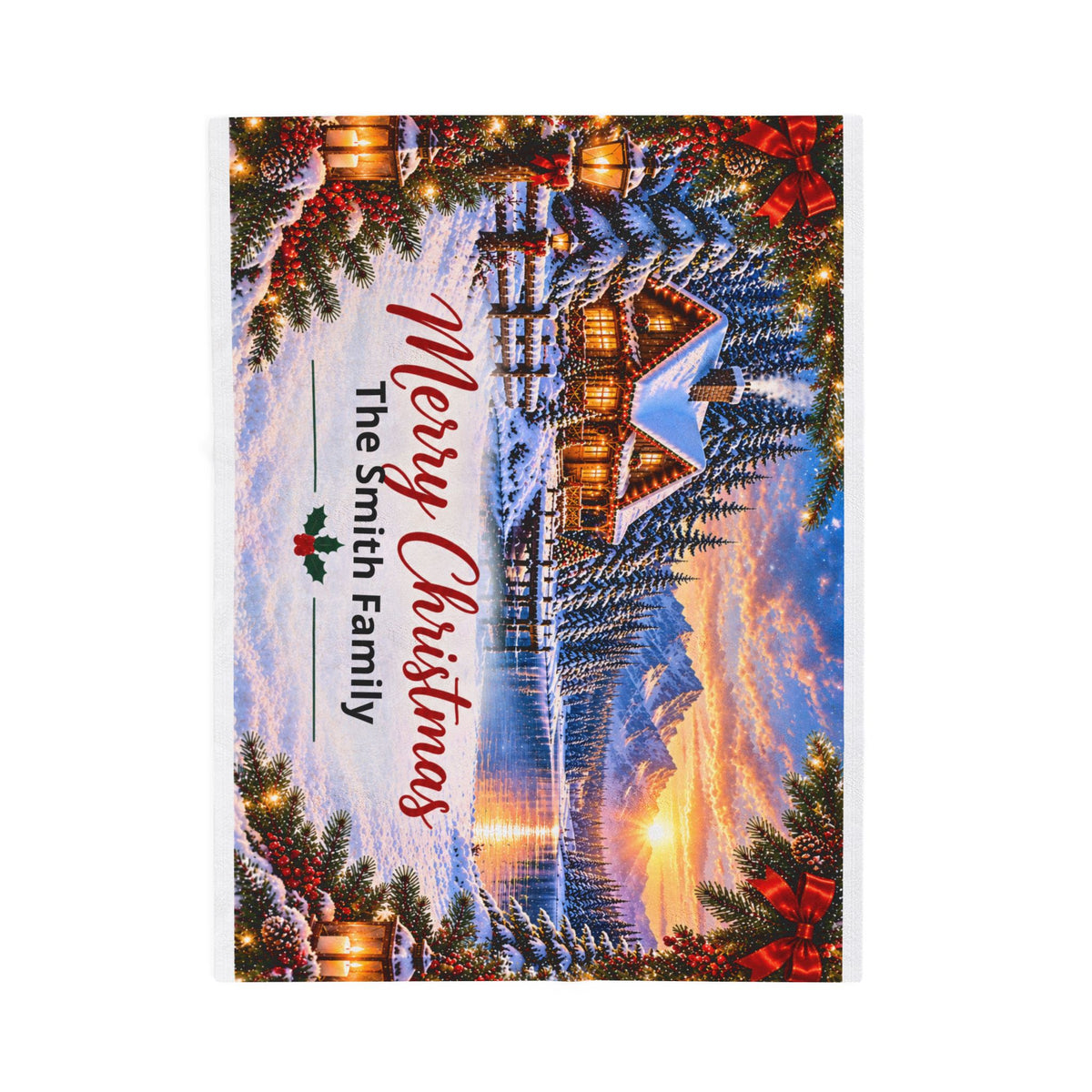Merry Christmas Personalized Family Winter Cabin Velveteen Plush Blanket