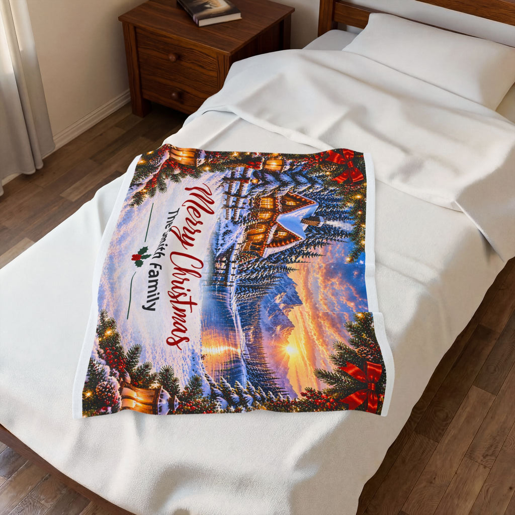 Merry Christmas Personalized Family Winter Cabin Velveteen Plush Blanket