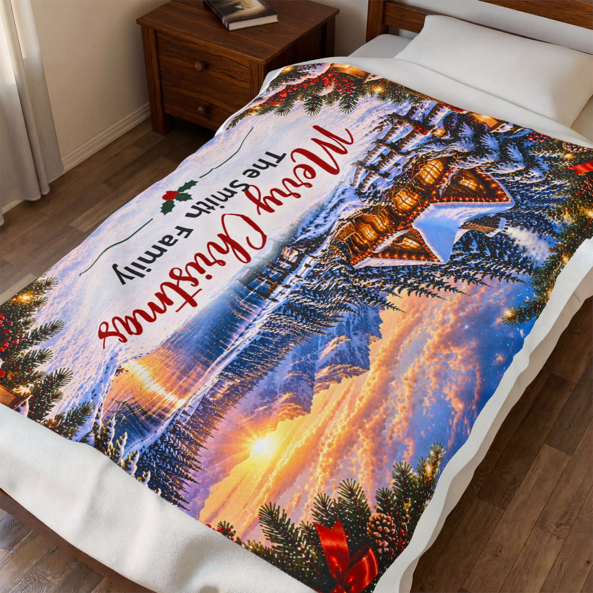 Merry Christmas Personalized Family Winter Cabin Velveteen Plush Blanket