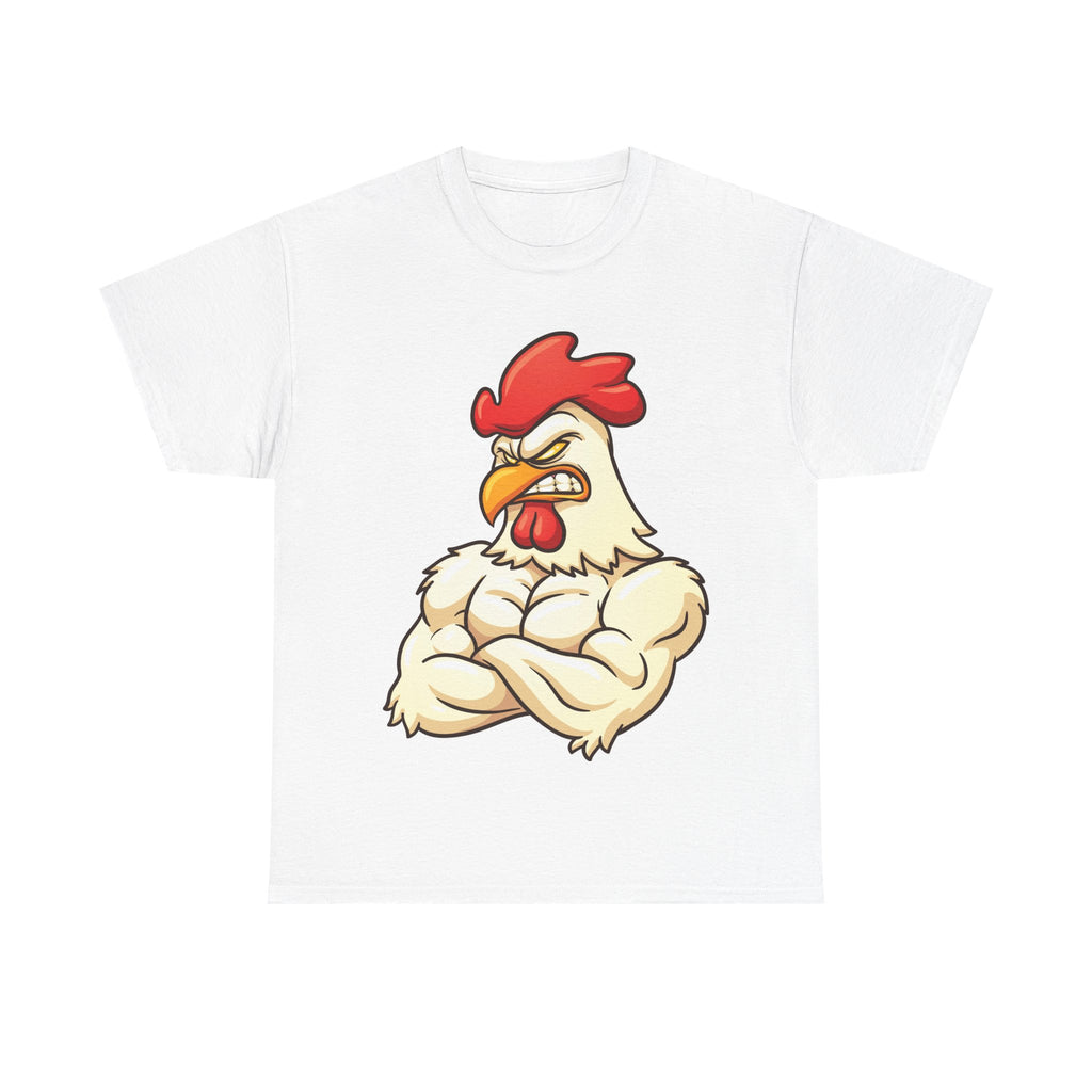 Graphic Tee — Muscular Rooster Front with Back Text "If you look at me from the front you'll see my bulging Cock"